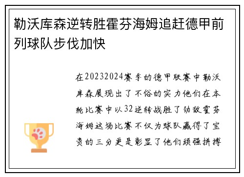 勒沃库森逆转胜霍芬海姆追赶德甲前列球队步伐加快